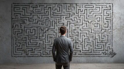 Back view of young businessman looking at maze and arrow sketch on concrete wall background. Solution, direction, way and challenge concept, no logos, no brands
