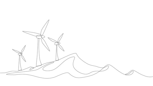 Continuous one line drawing of wind turbines on hills, clean energy and sustainable power generation concept. Vector Editable stroke
