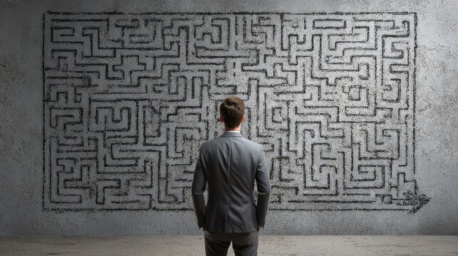 Back view of young businessman looking at maze and arrow sketch on concrete wall background. Solution, direction, way and challenge concept, no logos, no brands
