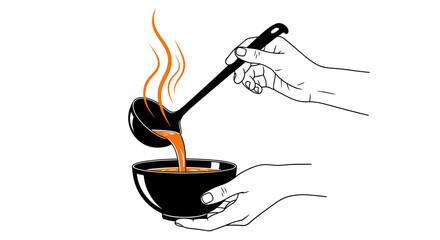 Hands serving hot soup from a ladle into a bowl in a minimalist line art style on a plain background