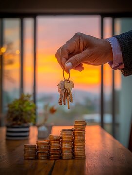 House keys with coins, real estate agent with house keys, sky sunset view