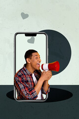 Contemporary artwork collage of happy girl guy stand phone heart notification icon social media...