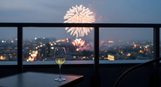  Glass of Wine on a Balcony with a View of City Fireworks at Dusk