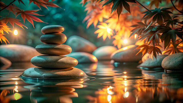 Zen stone stack balanced on water surface with glowing orange leaves and warm light reflections