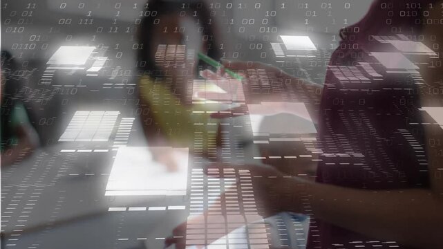 Teacher raising marker toward yellow object at desk sparking blocks shifting into binary stream