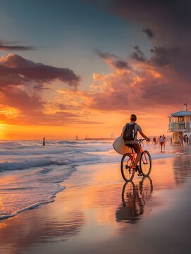 sunset on the beach, men running a bicycle on the beach, nature, 