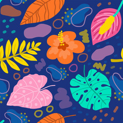 Colorful seamless pattern featuring tropical leaves, hibiscus flowers, and abstract shapes on dark background. Ideal for fabric, summer projects, wrapping paper, and digital design.