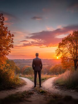 A man walking on the road, choosing the way, the correct way, sunset, men worried, 