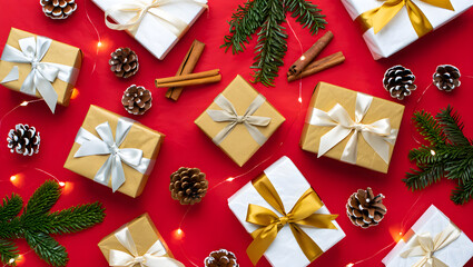 Festive Gifts on Red: A vibrant collection of elegantly wrapped gifts adorned with shimmering ribbons and natural embellishments, presented on a festive red backdrop.