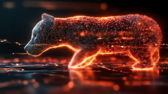 Digital Art of a Dog type animal Formed by an Orange and White Wireframe with Glowing Particles, on a Dark Background with Reflective Surface

