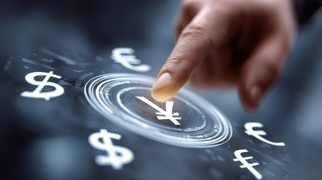 Online banking and digital money concept with man finger on virtual touch screen interface with central bank layout surrounded currency signs: dollar, euro, ruble and yen on abstract background, no l