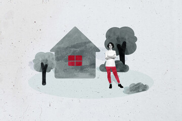 Collage of person house suitcase phone symbolizing relocation moving real estate transition flat...