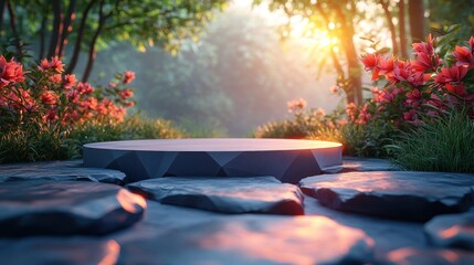 Radiant garden clearing with blooming flowers at golden hour