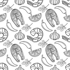 Seamless vector outline pattern of grilled shrimp, salmon steaks, garlic, chili peppers, parsley and lemon slices, perfect for culinary designs and food packaging.