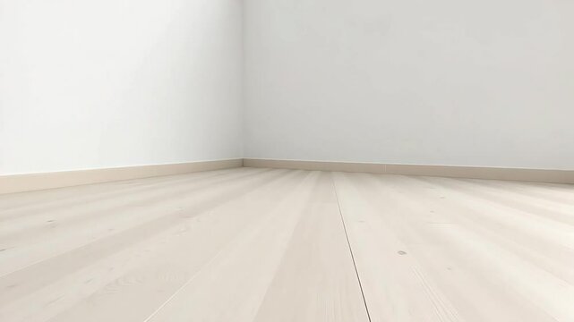 Minimalist interior showcasing a bright room with pristine white walls and light wood flooring for a clean, modern space.
