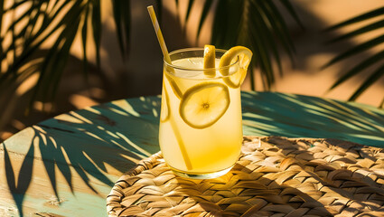 a vibrant and warm cinematic photograph of a refreshing glass of lemonade, garnished with two to three thin, translucent lemon slices, placed on a weathered wooden table or a woven wicker mat, basking