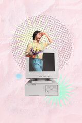 Vertical 3d poster art pop collage of happy businesswoman businessman stand pc monitor desktop...