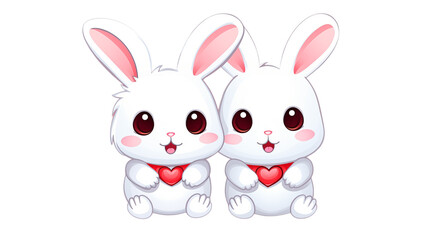 Two adorable white bunnies with pink ears holding red hearts illustration