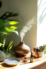 Serene aromatherapy diffuser with essential oils, sunlight, and lush greenery.
