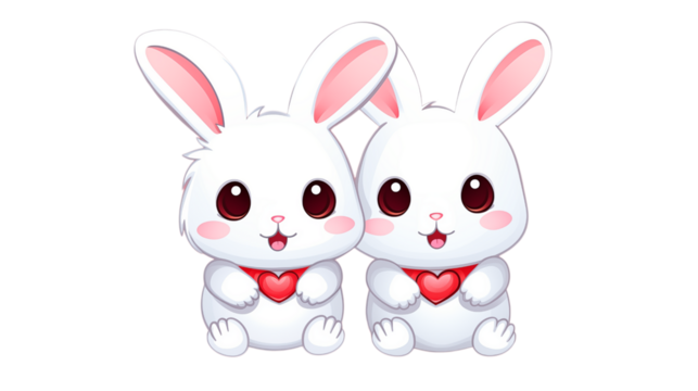 Two adorable white bunnies with pink ears holding red hearts illustration