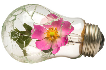 A broken light bulb containing a vibrant pink flower with green leaves inside.