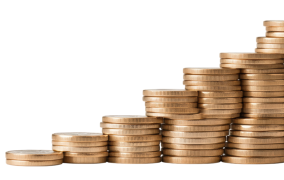 Stacks of gold coins arranged in ascending order, symbolizing growth or increasing wealth.