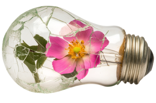 A broken light bulb containing a vibrant pink flower with green leaves inside.