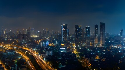 Fototapeta premium Night aerial panorama of Jakarta’s city lights and illuminated highways
