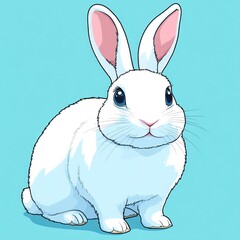 Fototapeta premium Playful white rabbit with large ears sitting on a bright blue background