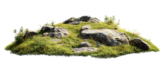 Detailed rendering of a grassy hillside featuring rocks and vegetation isolated against transparent background for versatile applications