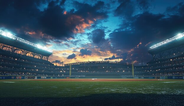 Baseball stadium at sunset. Dramatic clouds fill the sky above a baseball field at twilight. Stadium lights illuminate the stands