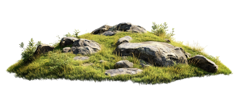Detailed rendering of a grassy hillside featuring rocks and vegetation isolated against transparent background for versatile applications
