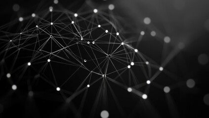 Abstract network of interconnected points and lines.  A complex web of connections,  rendered in grayscale.  Light dots form nodes,  thin lines the connections.  Dark background enhances the effect
