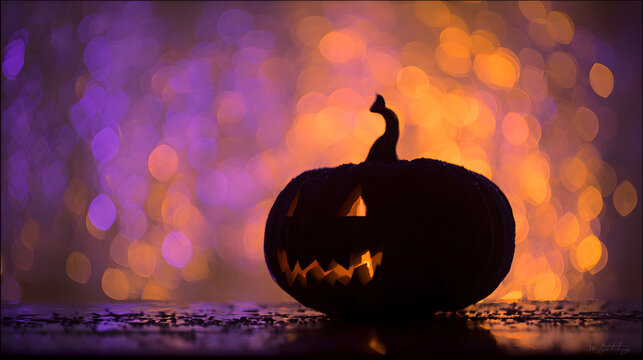 A carved pumpkin silhouette set against a warm glowing orange and purple bokeh background creating a festive and spooky halloween ambiance