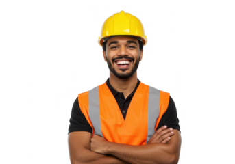 Happy construction worker wearing a yellow hard hat and orange safety vest isolated on transparent background