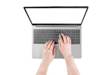 Female hands typing text or working on laptop with empty screen isolated on white background with clipping path. Top view. Design element