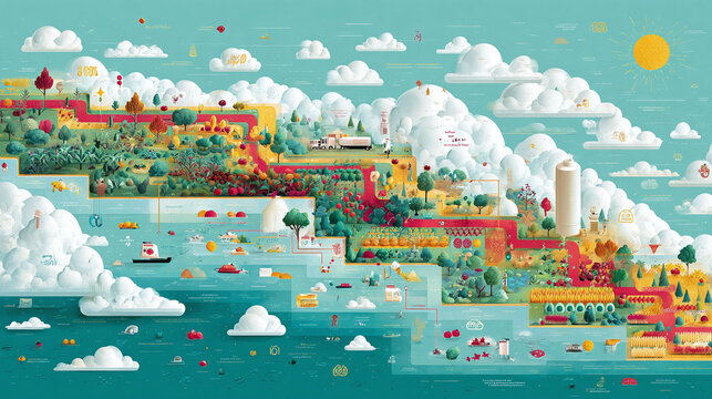 Detailed infographic of a vibrant agricultural system. Conceptual illustration of food production from farm to processing, representing supply chain, sustainability and global distribution.