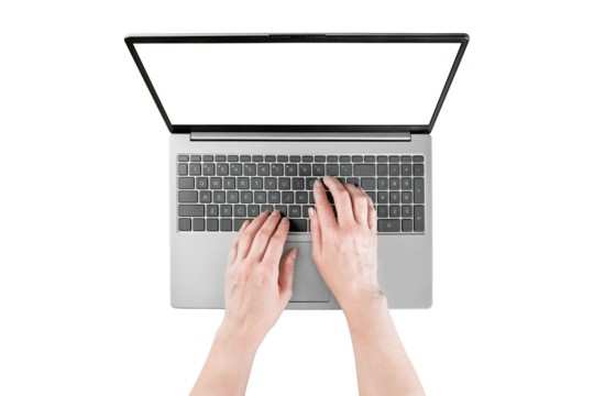 Female hands typing text or working on laptop with empty screen isolated on white background with clipping path. Top view. Design element