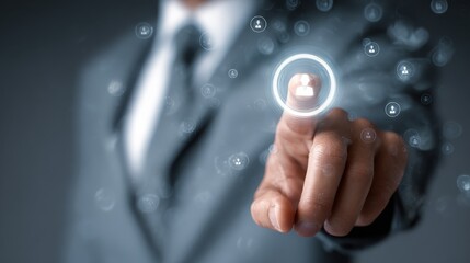 business, technology, internet and networking concept - businessman pressing button with contact on virtual screens, no logos, no brands