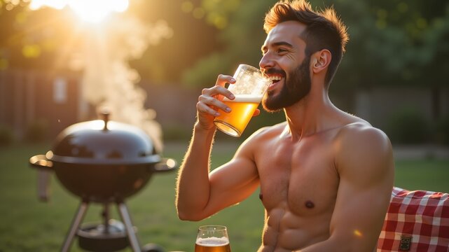 Man smiling while holding cold beer and taking sip of foamy drink in sunlit backyard with smoking grill in background and enjoying summer picnic
 - Powered by Adobe