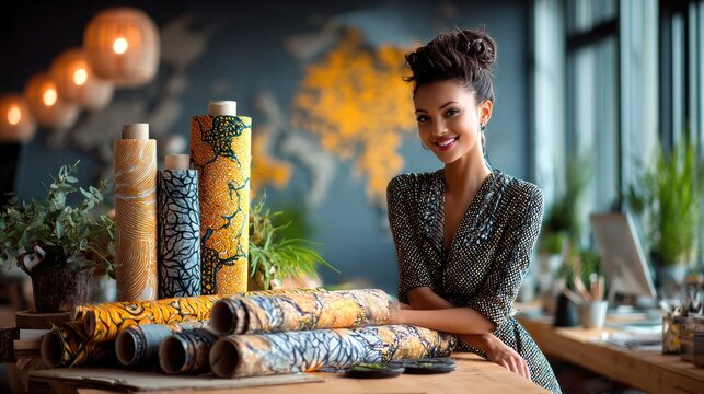 A stylish woman stands confidently behind a wooden table displaying colorful patterned fabric rolls in a cozy, well-lit workspace with plants and warm lighting.