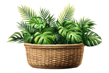 Lush tropical foliage bursting from a rustic woven basket a serene reminder of nature s beauty on transparent background
