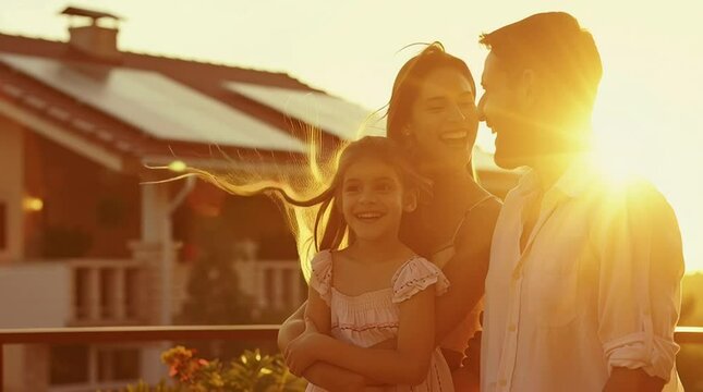 A happy family in front of newly installed solar panels at golden hour residential solar, solar energy, rooftop solar, home solar system, photovoltaic panels