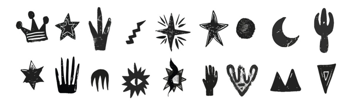  handdrawn grungy punk linocut shapes retro naive groovy icons charcoal marker scribble elements