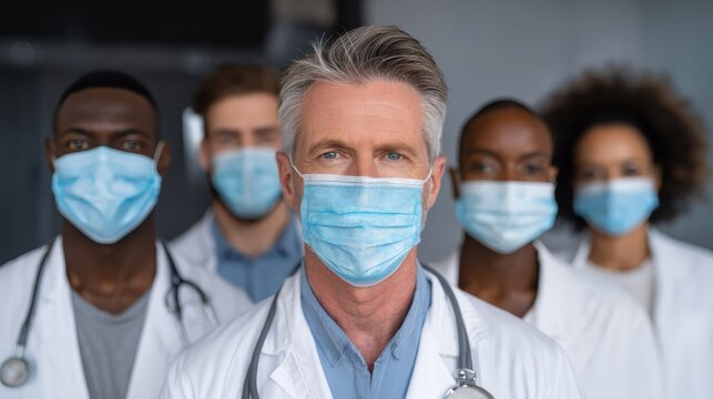 Group of doctors with face masks looking at camera, corona virus concept., no logos, no brands