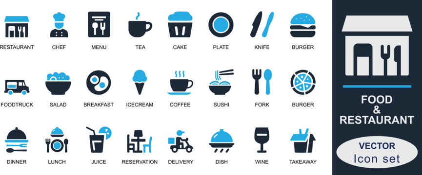 Flat vector solid food and restaurant icon set. Featuring chef, dish, menu, delivery, dessert, drink, and utensils. Ideal for UI, apps, infographics, and kitchen projects.