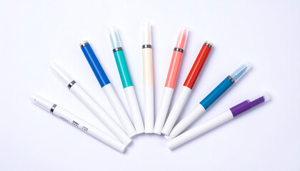 Colorful pens on white background. Creative set for writing, art, or design. Symbolizes variety, precision, and inspiration. Perfect for school, office, or creative projects.