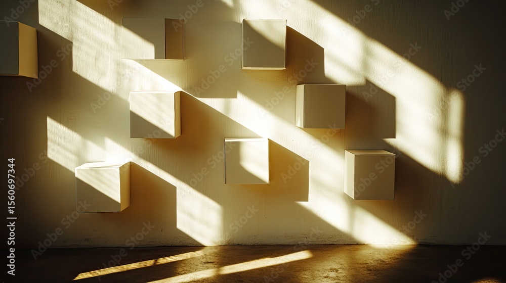 Fototapete wall with sunlight casting shadows across empty boxes and blank space for messaging, home ownership 