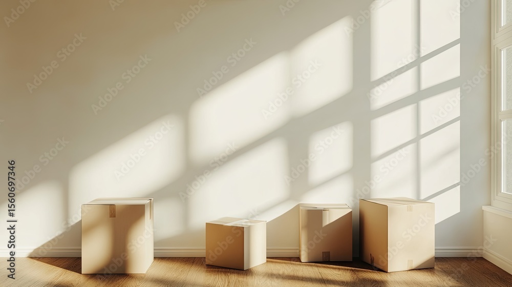 Fototapete wall with sunlight casting shadows across empty boxes and blank space for messaging, home ownership 