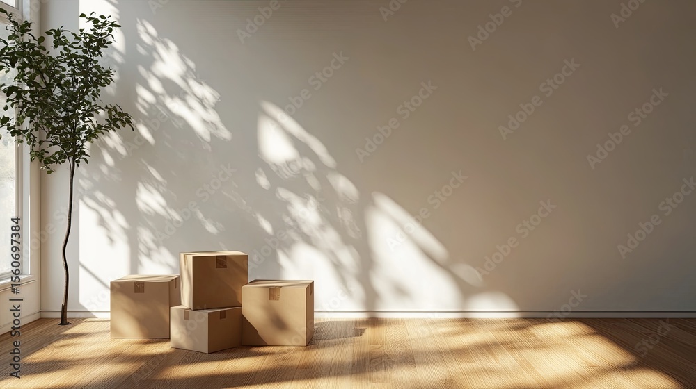 Fototapete wall with sunlight casting shadows across empty boxes and blank space for messaging, home ownership 